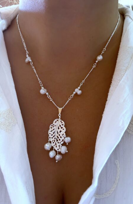 CONJPL000511 COLLAR HOJA FILIGRANA CON PERLAS