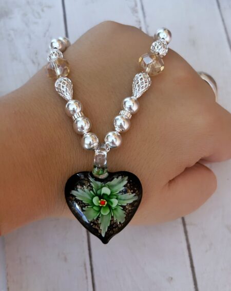 CONJPL000581 COLLAR CORAZON VIDRIO FUNDIDO VERDE